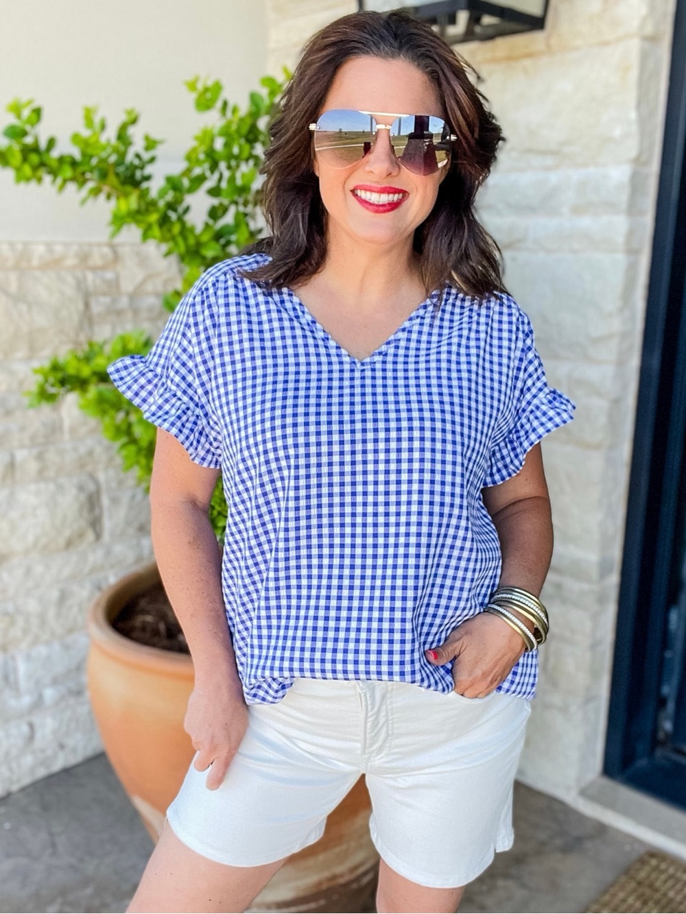 Blue Gingham V-Neck Ruffle Sleeve Top - Women